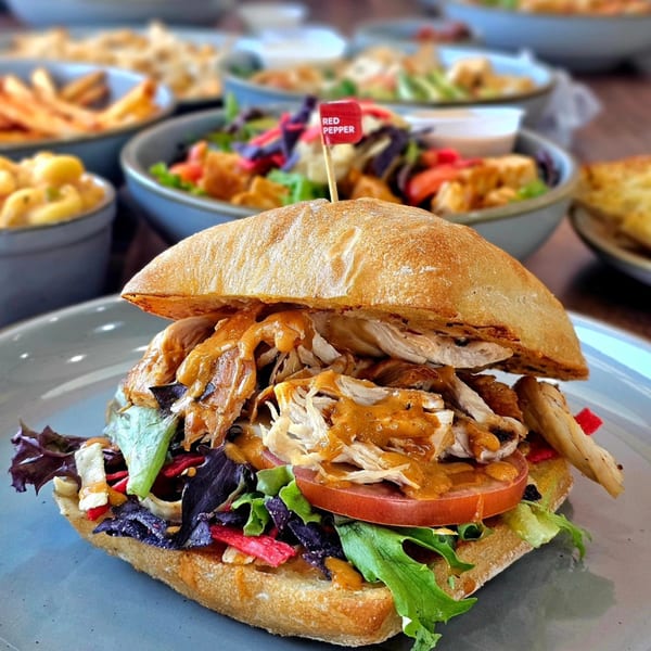 A Roostr Yard grilled chicken sandwich with lettuce, tomato, and sauce, surrounded by other dishes.