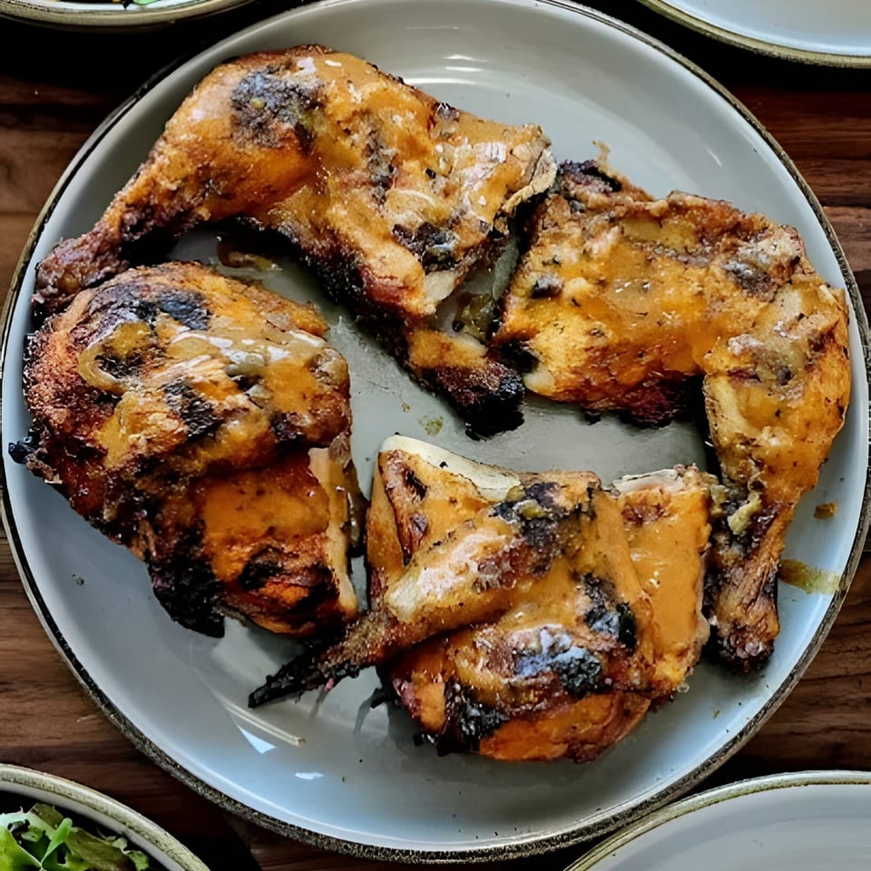 Four pieces of Roostr Yard's grilled chicken, glistening with sauce, on a light grey plate.